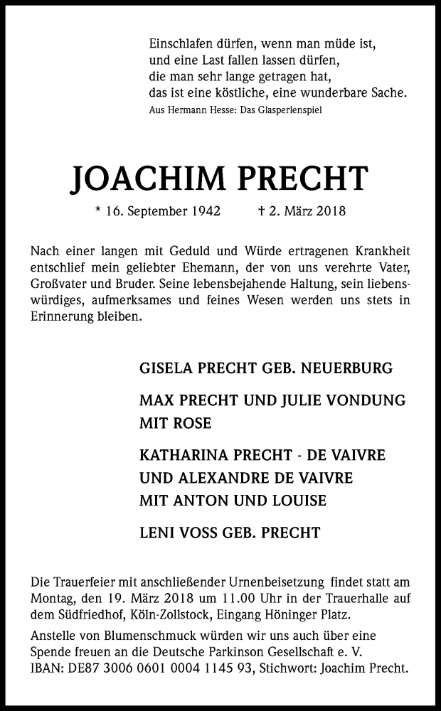  Traueranzeige für Joachim Precht vom 10.03.2018 aus Kölner Stadt-Anzeiger / Kölnische Rundschau / Express