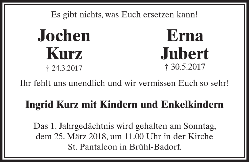  Traueranzeige für Jochen Kurz vom 21.03.2018 aus  Schlossbote/Werbekurier 