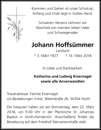 Anzeige von Johann Hoffsümmer von Kölner Stadt-Anzeiger / Kölnische Rundschau / Express