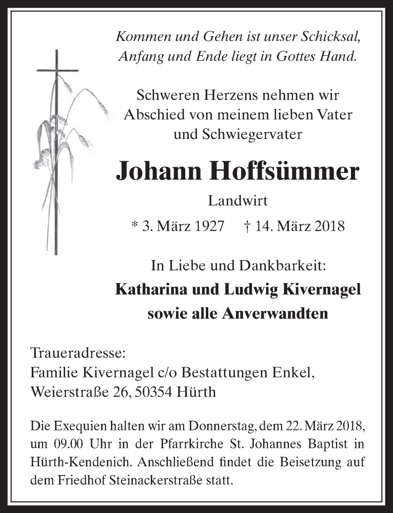  Traueranzeige für Johann Hoffsümmer vom 21.03.2018 aus  Wochenende 