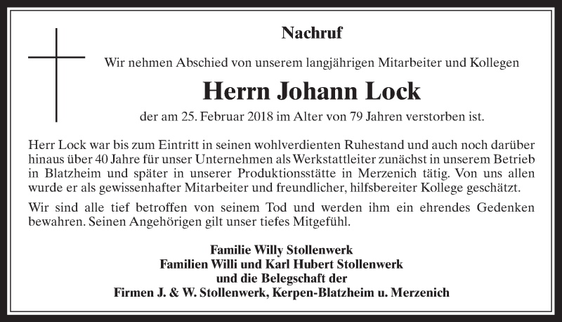  Traueranzeige für Johann Lock vom 10.03.2018 aus  Sonntags-Post 
