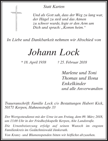 Anzeige von Johann Lock von  Sonntags-Post 