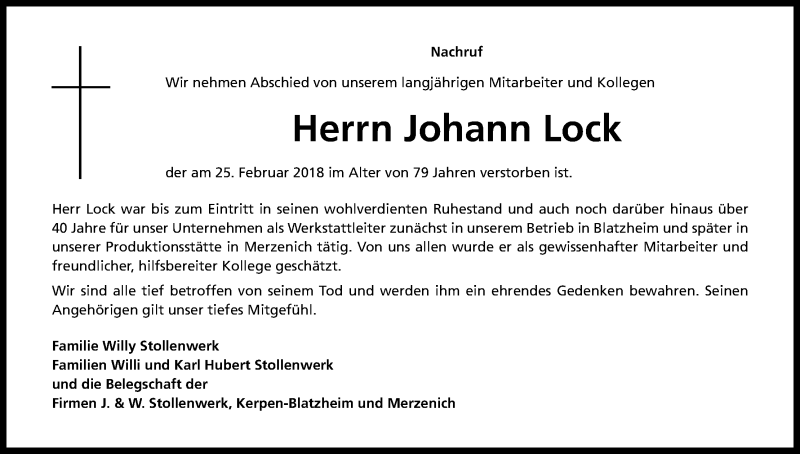  Traueranzeige für Johann Lock vom 10.03.2018 aus Kölner Stadt-Anzeiger / Kölnische Rundschau / Express