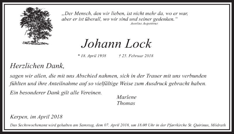  Traueranzeige für Johann Lock vom 31.03.2018 aus  Sonntags-Post 