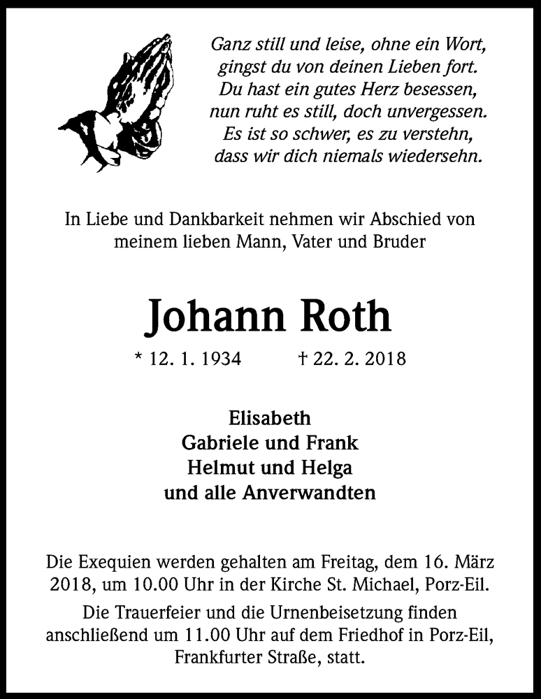  Traueranzeige für Johann Roth vom 03.03.2018 aus Kölner Stadt-Anzeiger / Kölnische Rundschau / Express