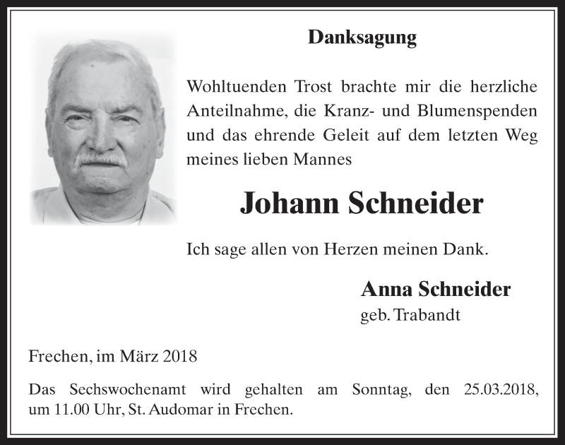  Traueranzeige für Johann Schneider vom 14.03.2018 aus  Wochenende 
