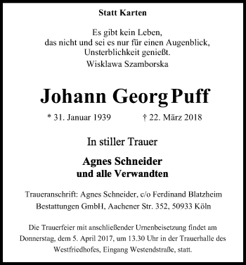 Anzeige von Johann Georg Puff von Kölner Stadt-Anzeiger / Kölnische Rundschau / Express