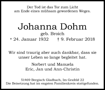 Anzeige von Johanna Dohm von Kölner Stadt-Anzeiger / Kölnische Rundschau / Express