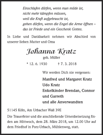 Anzeige von Johanna Kratz von  Kölner Wochenspiegel 