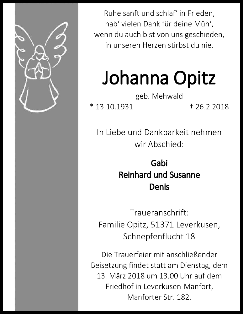  Traueranzeige für Johanna Opitz vom 03.03.2018 aus Kölner Stadt-Anzeiger / Kölnische Rundschau / Express