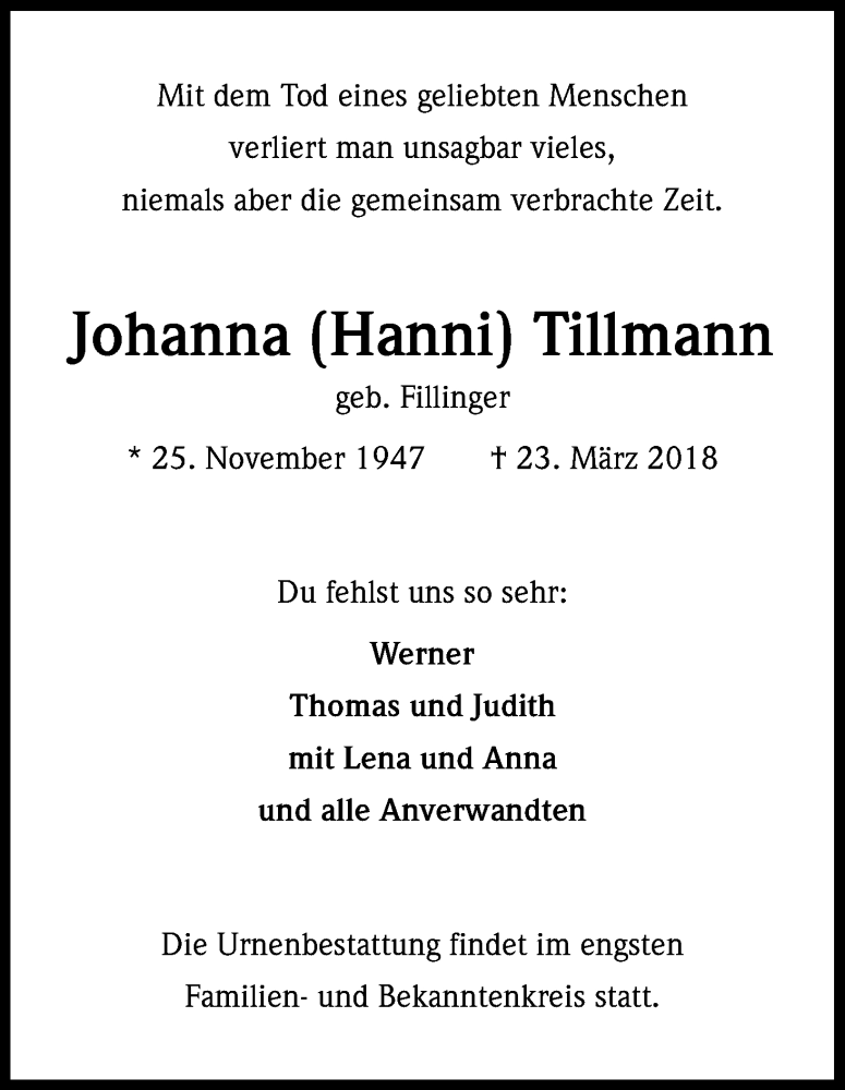  Traueranzeige für Johanna Tillmann vom 31.03.2018 aus Kölner Stadt-Anzeiger / Kölnische Rundschau / Express