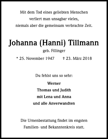 Anzeige von Johanna Tillmann von Kölner Stadt-Anzeiger / Kölnische Rundschau / Express