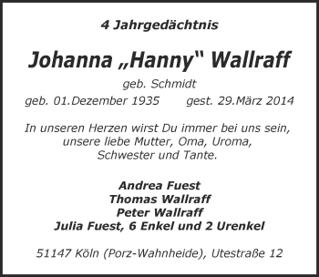 Anzeige von Johanna Wallraff von  Kölner Wochenspiegel 