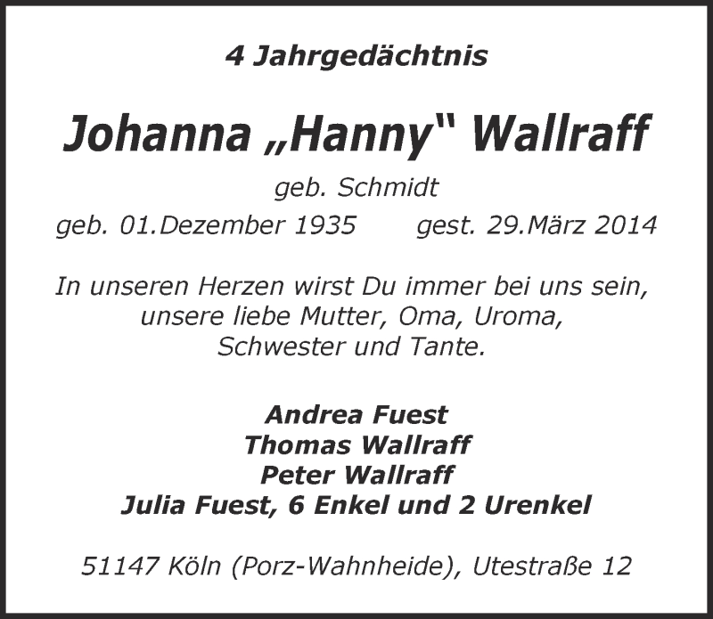  Traueranzeige für Johanna Wallraff vom 28.03.2018 aus  Kölner Wochenspiegel 