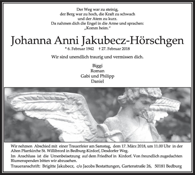  Traueranzeige für Johanna Anni Jakubecz-Hörschgen vom 10.03.2018 aus  Sonntags-Post 