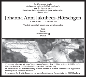 Anzeige von Johanna Anni Jakubecz-Hörschgen von  Sonntags-Post 