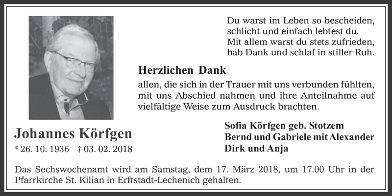  Traueranzeige für Johannes Körfgen vom 07.03.2018 aus  Werbepost 