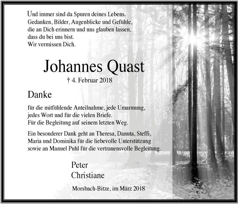  Traueranzeige für Johannes Quast vom 14.03.2018 aus  Lokalanzeiger 