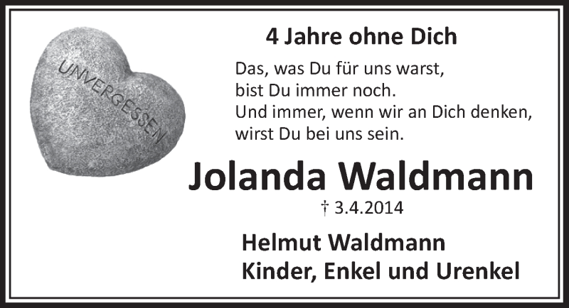  Traueranzeige für Jolanda Waldmann vom 28.03.2018 aus  Schlossbote/Werbekurier 