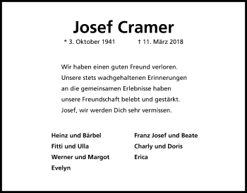 Anzeige von Josef Cramer von Kölner Stadt-Anzeiger / Kölnische Rundschau / Express