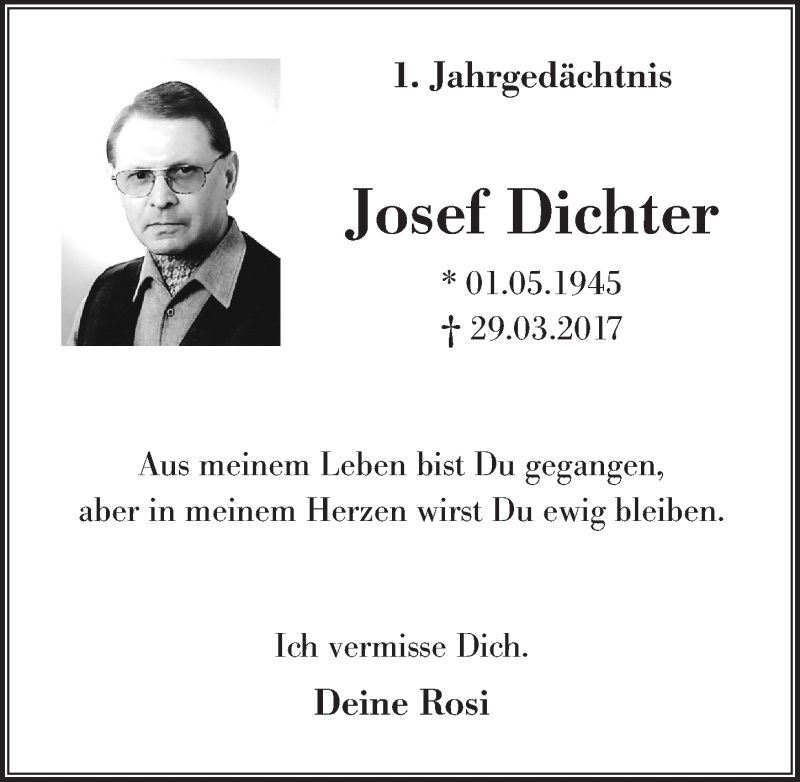  Traueranzeige für Josef Dichter vom 28.03.2018 aus  Kölner Wochenspiegel  Extra Blatt 