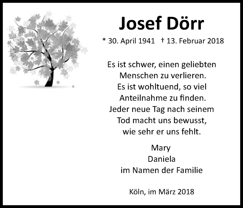  Traueranzeige für Josef Dörr vom 24.03.2018 aus Kölner Stadt-Anzeiger / Kölnische Rundschau / Express