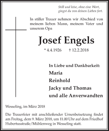 Anzeige von Josef Engels von  Schlossbote/Werbekurier 