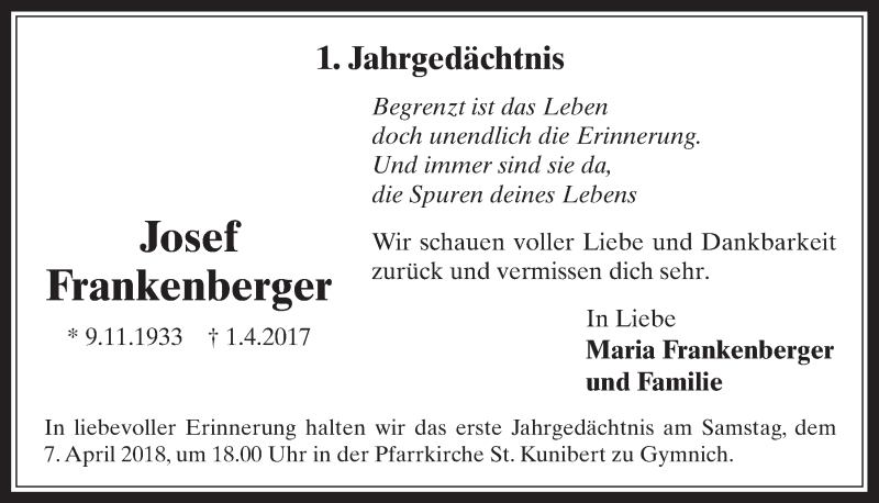  Traueranzeige für Josef Frankenberger vom 28.03.2018 aus  Werbepost 