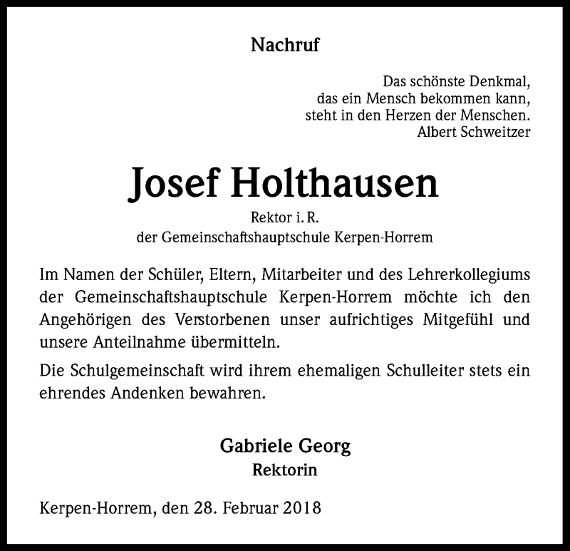  Traueranzeige für Josef Holthausen vom 02.03.2018 aus Kölner Stadt-Anzeiger / Kölnische Rundschau / Express