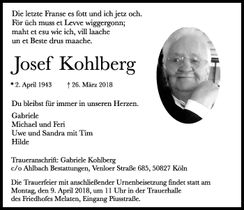 Anzeige von Josef Kohlberg von Kölner Stadt-Anzeiger / Kölnische Rundschau / Express