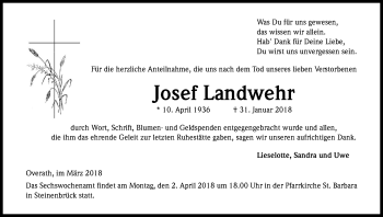 Anzeige von Josef Landwehr von Kölner Stadt-Anzeiger / Kölnische Rundschau / Express