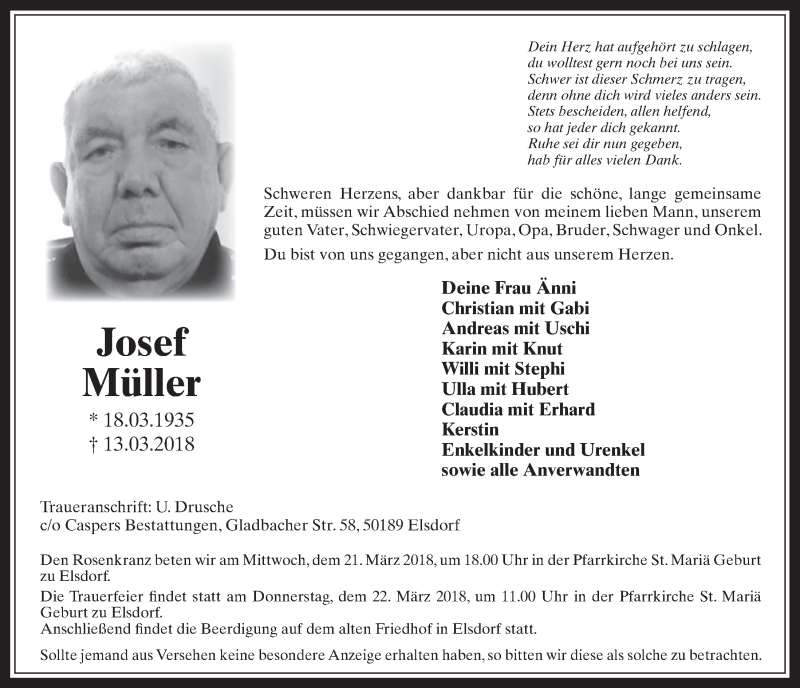  Traueranzeige für Josef Müller vom 21.03.2018 aus  Werbepost 