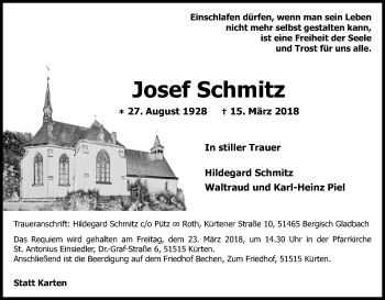 Anzeige von Josef Schmitz von Kölner Stadt-Anzeiger / Kölnische Rundschau / Express