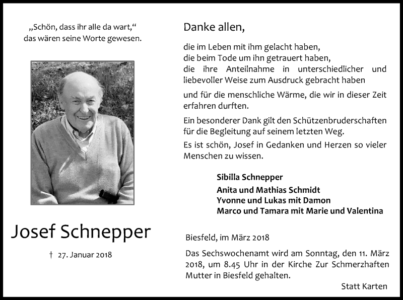 Traueranzeige für Josef Schnepper vom 03.03.2018 aus Kölner Stadt-Anzeiger / Kölnische Rundschau / Express