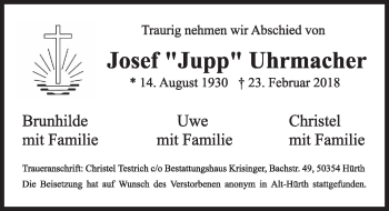Anzeige von Josef Uhrmacher von  Schlossbote/Werbekurier 