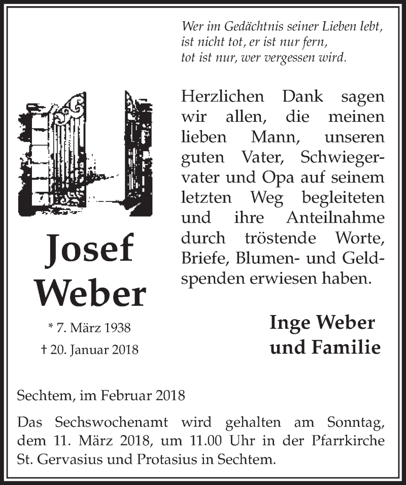  Traueranzeige für Josef Weber vom 07.03.2018 aus  Schlossbote/Werbekurier 