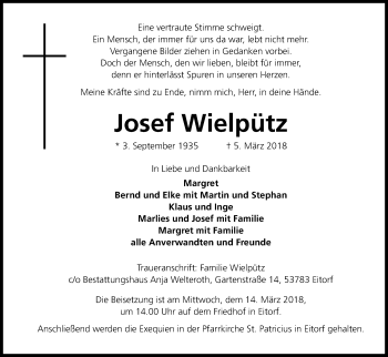 Anzeige von Josef Wielpütz von Kölner Stadt-Anzeiger / Kölnische Rundschau / Express