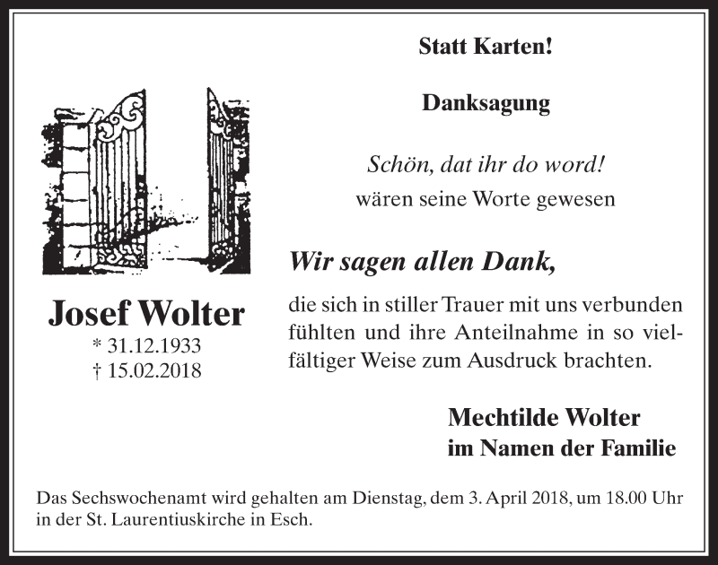  Traueranzeige für Josef Wolter vom 28.03.2018 aus  Werbepost 