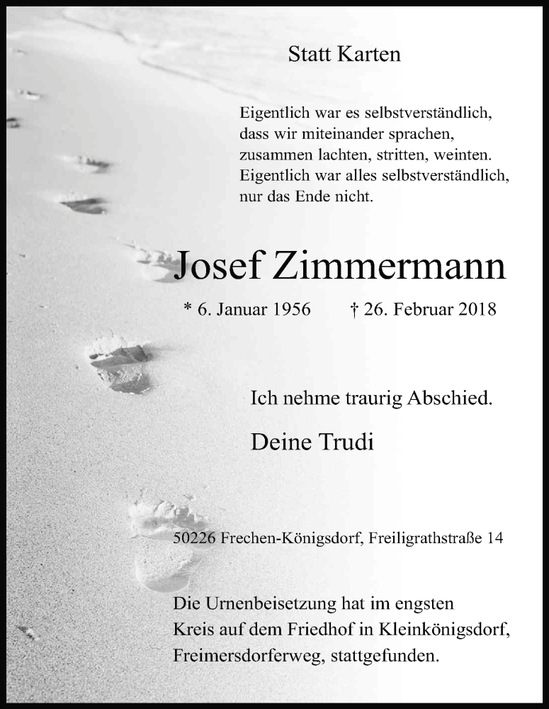 Traueranzeige für Josef Zimmermann vom 10.03.2018 aus Kölner Stadt-Anzeiger / Kölnische Rundschau / Express