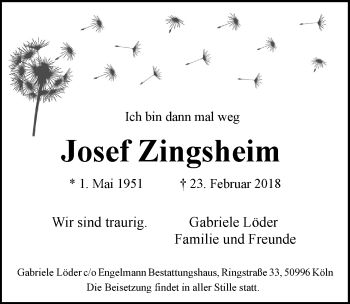 Anzeige von Josef Zingsheim von  Kölner Wochenspiegel 