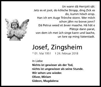 Anzeige von Josef Zingsheim von Kölner Stadt-Anzeiger / Kölnische Rundschau / Express