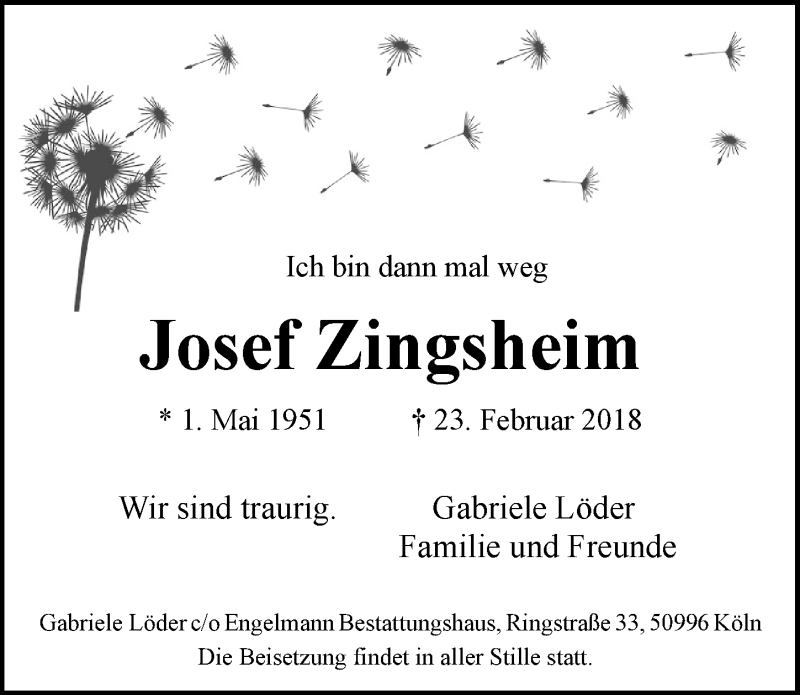  Traueranzeige für Josef Zingsheim vom 07.03.2018 aus  Kölner Wochenspiegel 