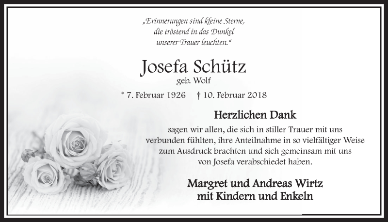  Traueranzeige für Josefa Schütz vom 03.03.2018 aus  Sonntags-Post 