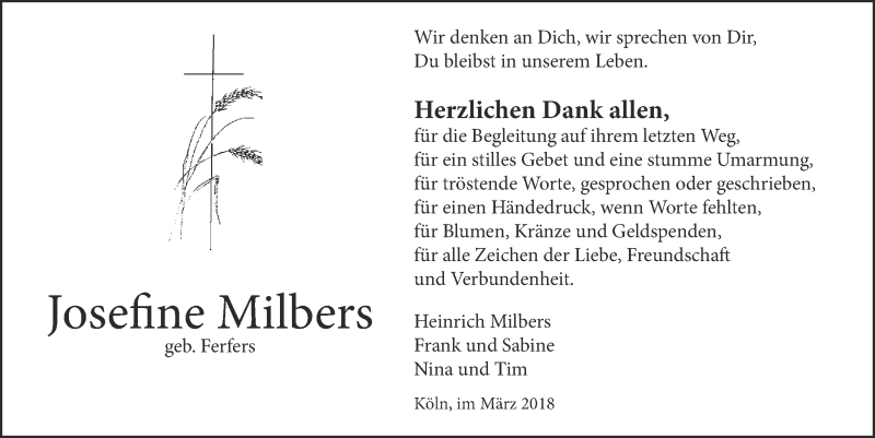  Traueranzeige für Josefine Milbers vom 14.03.2018 aus  Kölner Wochenspiegel 