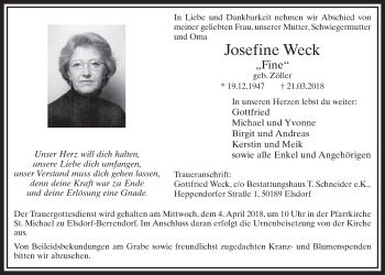 Anzeige von Josefine Weck von  Sonntags-Post 
