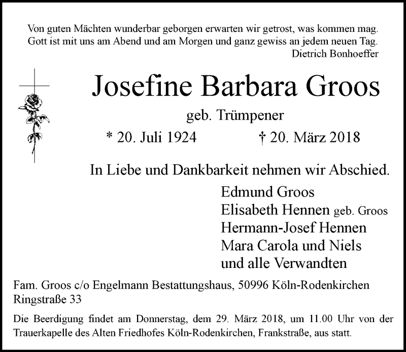  Traueranzeige für Josefine Barbara Groos vom 28.03.2018 aus  Kölner Wochenspiegel 