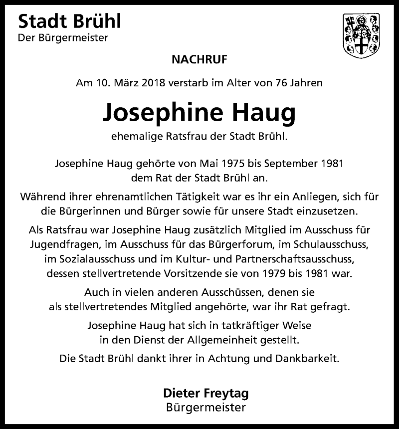  Traueranzeige für Josephine Haug vom 26.03.2018 aus Kölner Stadt-Anzeiger / Kölnische Rundschau / Express