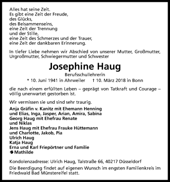 Anzeige von Josephine Haug von Kölner Stadt-Anzeiger / Kölnische Rundschau / Express