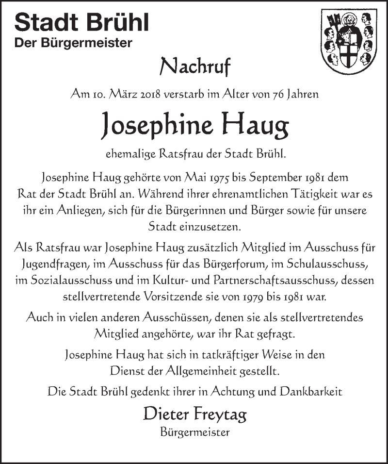  Traueranzeige für Josephine Haug vom 28.03.2018 aus  Schlossbote/Werbekurier 