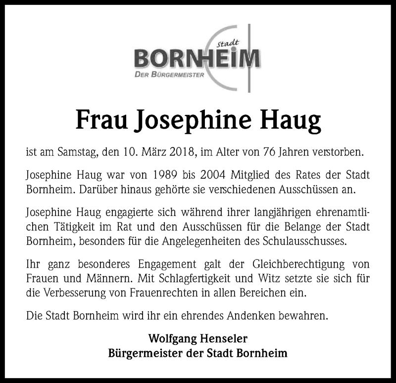  Traueranzeige für Josephine Haug vom 24.03.2018 aus Kölner Stadt-Anzeiger / Kölnische Rundschau / Express